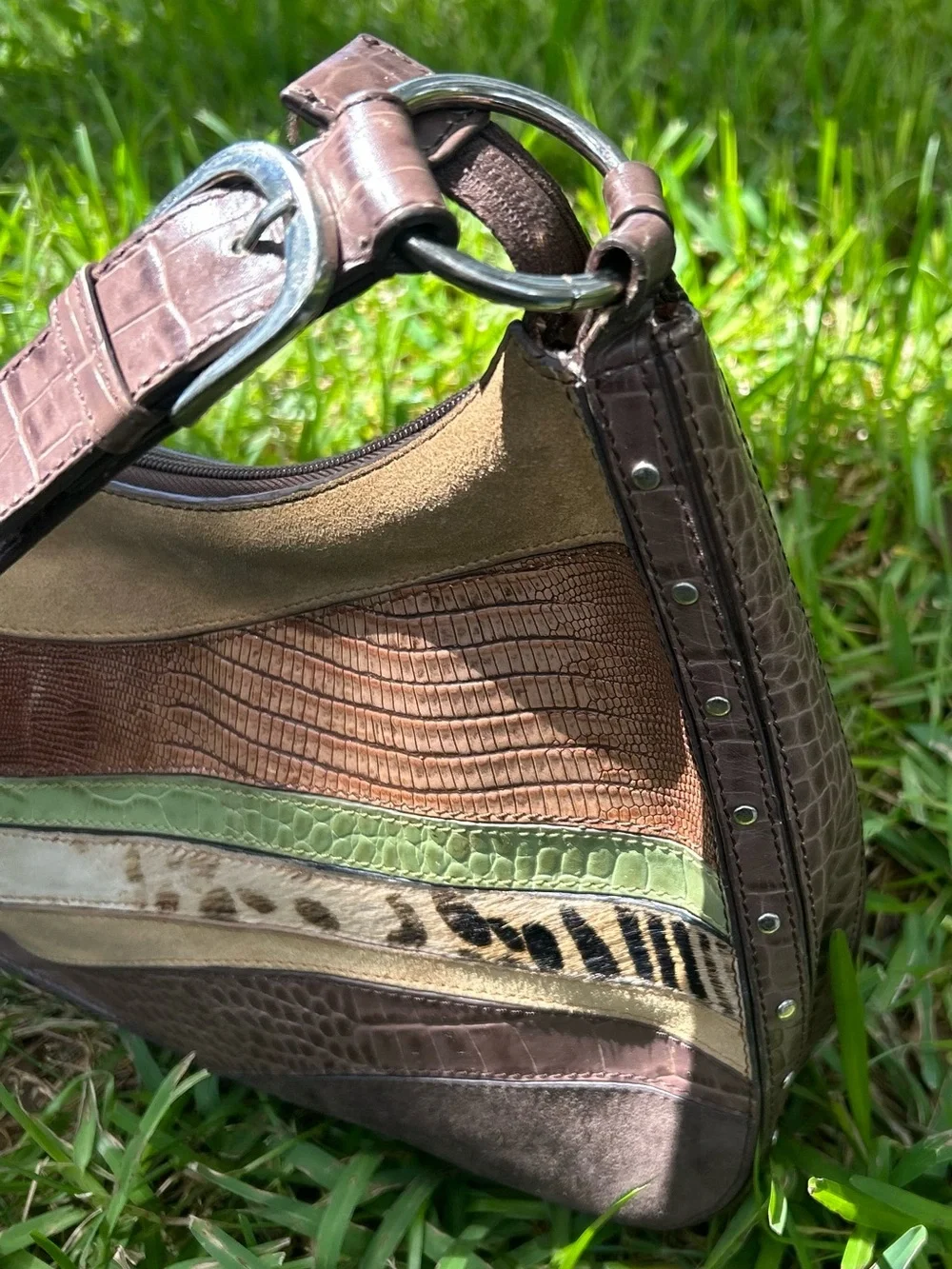 Vintage Sharif Women's Multi-Texture Patchwork Hobo Bag in Brown, Green & Cream